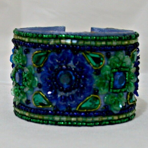 Green & Blue Handmade Hand Beaded Vintage Indian Bangle Bracelets - Picture 1 of 1